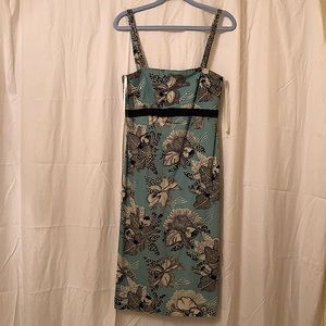Dolce Apparel medium, light blue, white,silver,black flower dress.